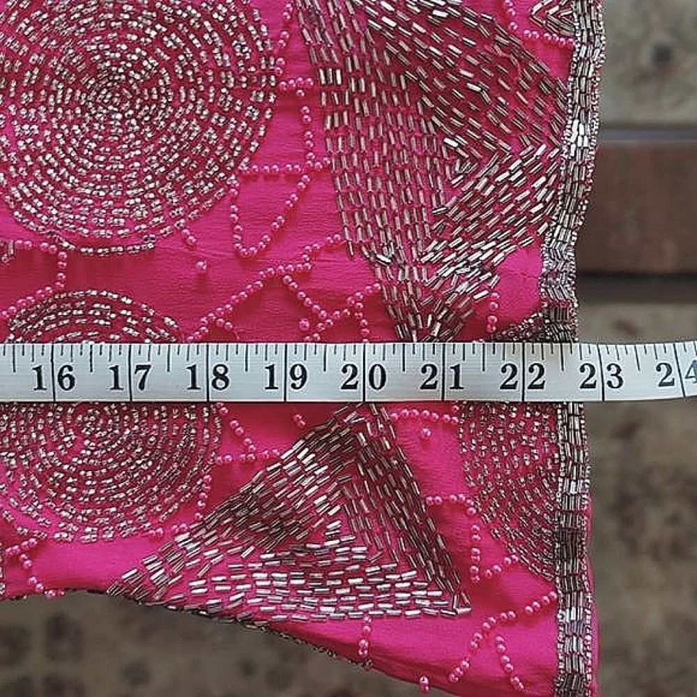 Vtg fuschia beaded silk half sleeve boat neck V back blouse - Picture 10 of 16